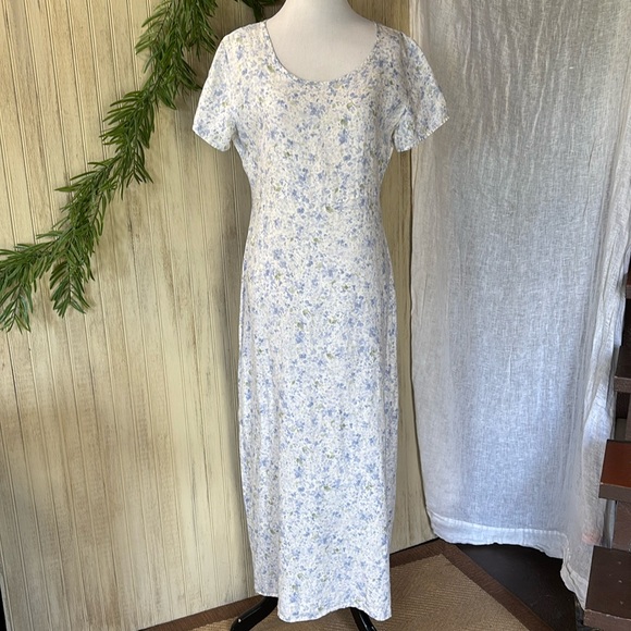 Vintage 1990’s Liz Claiborne Linen Maxi Dress, 10P, EUC, Floral Romantic Prairie - Picture 1 of 16